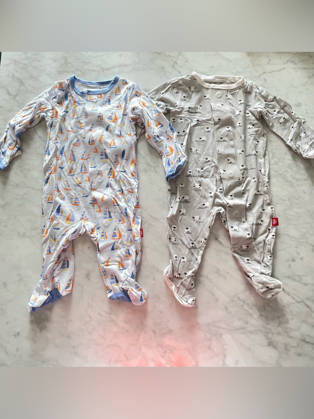 Two-Pack Baby One-Piece Sleepers - Sailboat Blue & Gray sheep